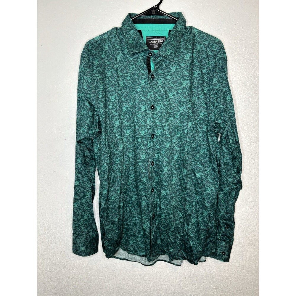 Lamasini Jeans Geometric Teal Button Up Cowboy Dress Shirt 3XL